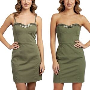 Y2K H&M Beaded Studded Sweetheart Neckline Convertible Army Green Mini Dress 10